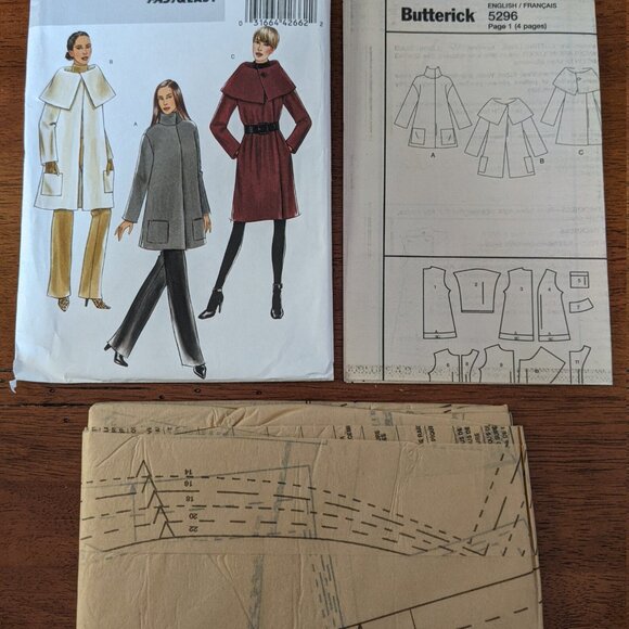 Butterick B5296 Loose Fit, Shawl Collar Lined Coat Womens Sizes 14-22 - Picture 2 of 3
